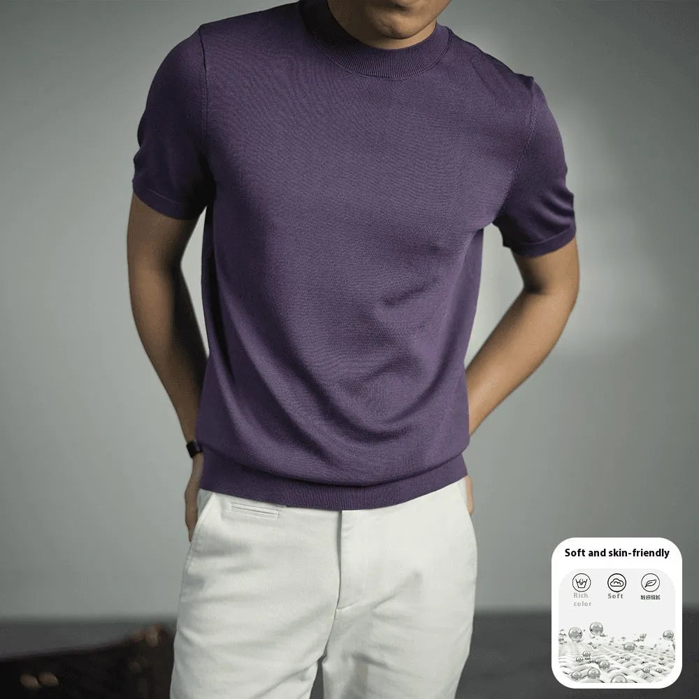 Men's knitted T-shirt in solid colours with round neck and short sleeves on size chart background