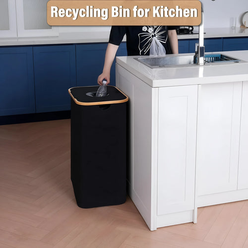 Black bamboo storage basket with lid showing ventilation holes and internal pockets