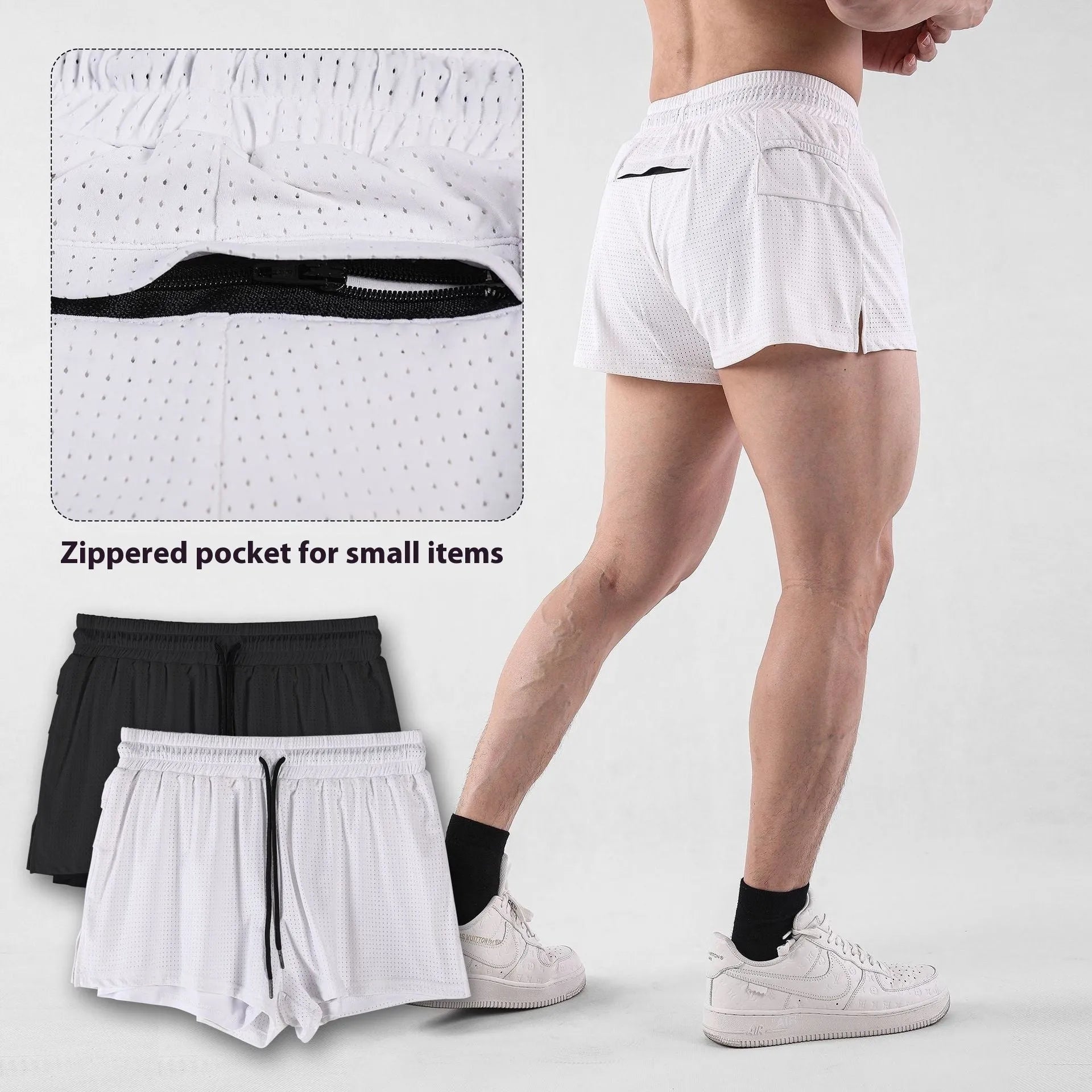 Men's quick-drying nylon summer shorts in white or black with mid-waist design