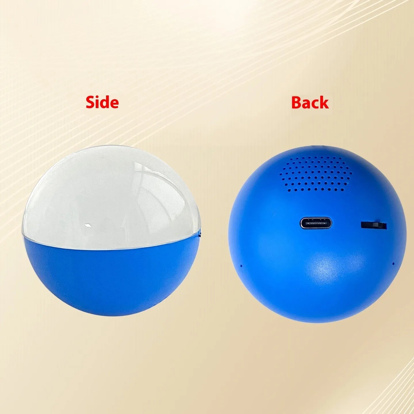 Electronic ball video player with round screen showing video playback, available in multiple shell colours