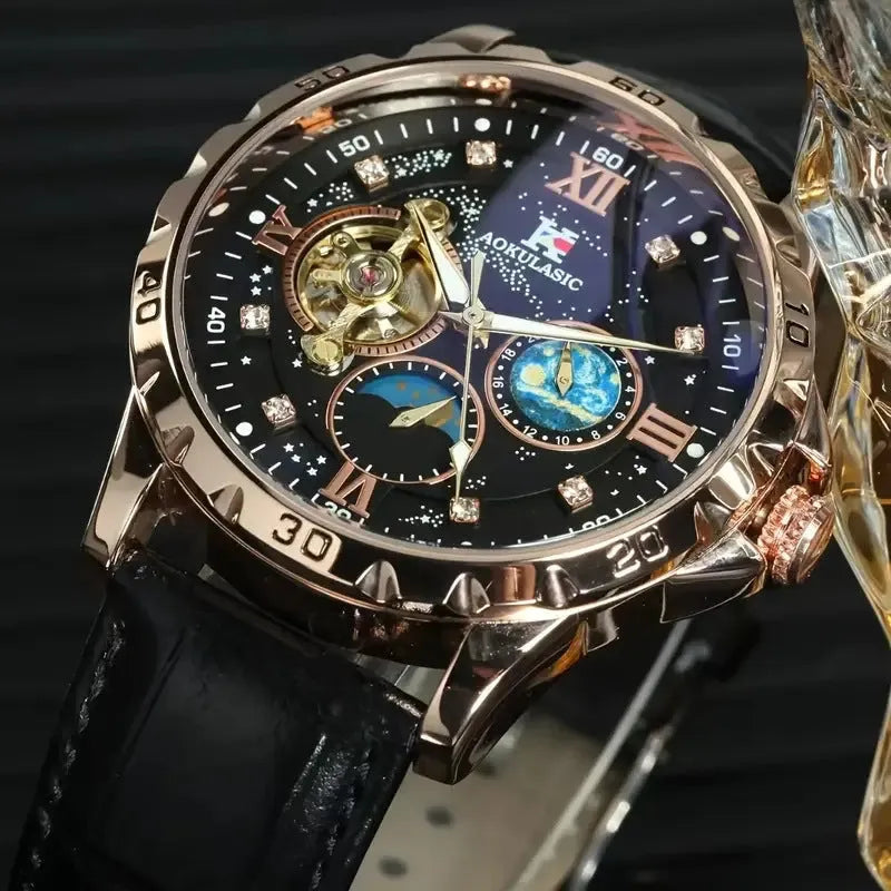 Automatic mechanical watch with large hollow dial showing movement, rose gold case, black face, leather strap