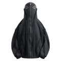 Black loose zip hooded cotton coat with abstract pattern and padding for autumn wear