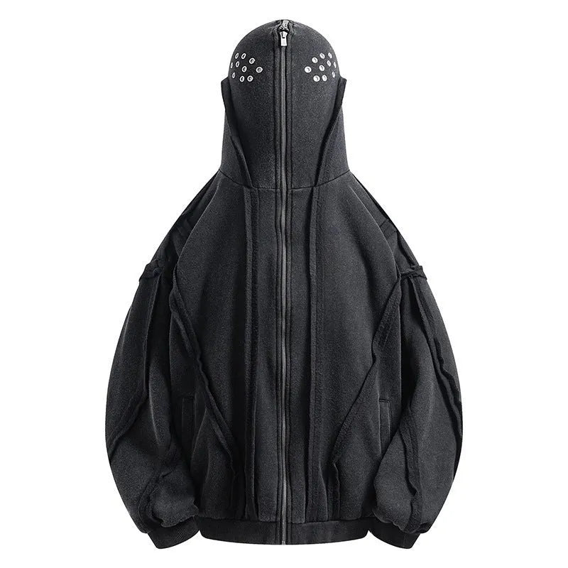 Black loose zip hooded cotton coat with abstract pattern and padding for autumn wear