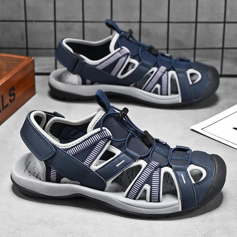 Men's blue casual sports shoe with Velcro straps, mesh upper, and rubber sole.