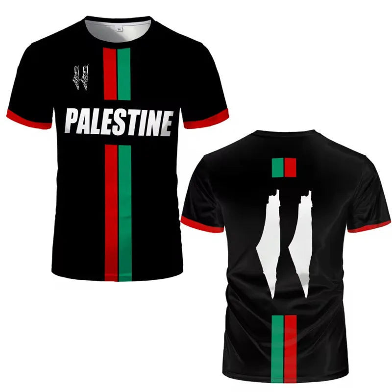 Close-up of a black short sleeve t-shirt with a raised 3D printed football pattern on the front.
