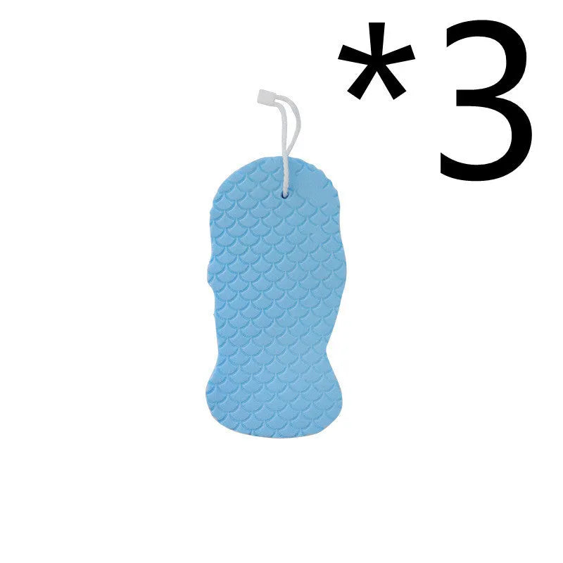 3D fish scale pattern bath sponge in white, grey, pink, or light blue colours for gentle body exfoliation