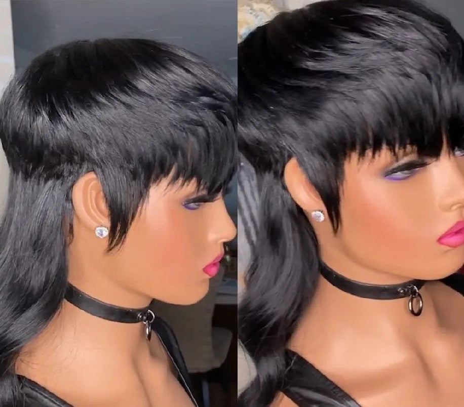 T7262 Black synthetic Brazilian wig with long straight hair and front bangs.