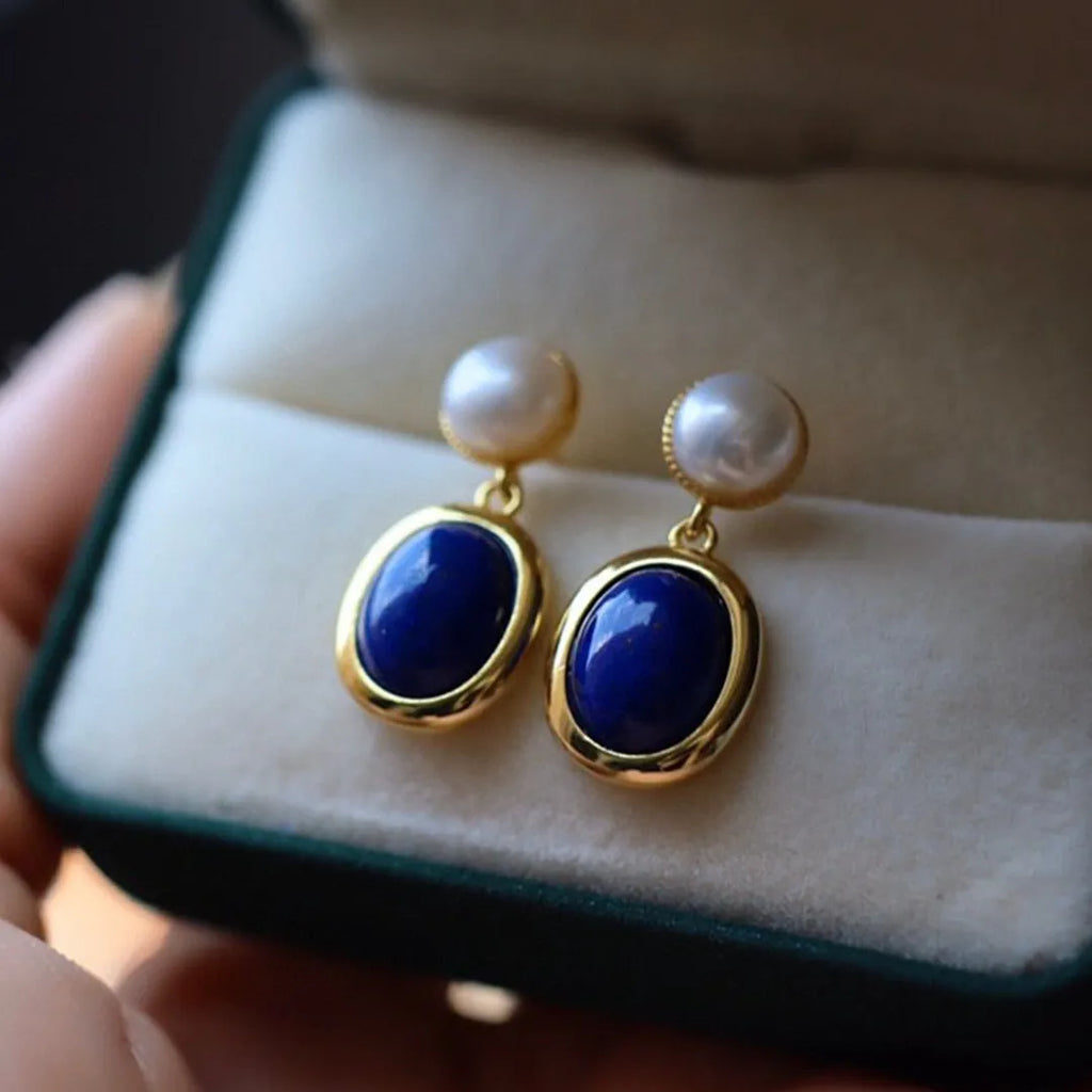 Lapis lazuli pearl sterling silver earrings with 925 purity and simple style