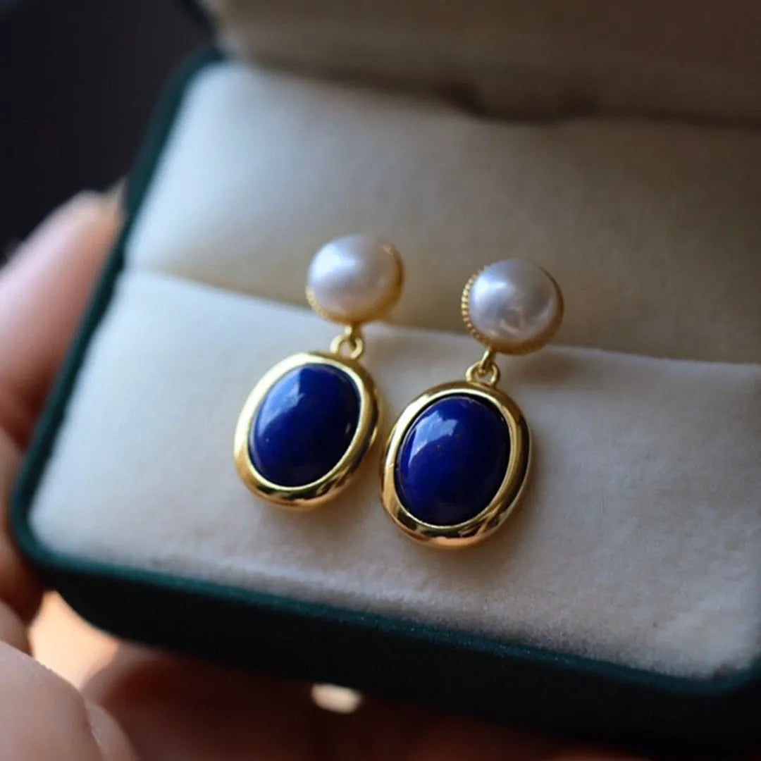 Lapis lazuli pearl sterling silver earrings with 925 purity and simple style