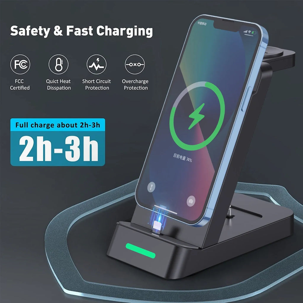 Black wireless 3 in 1 charging station with phone standing vertically on ABS+PC construction