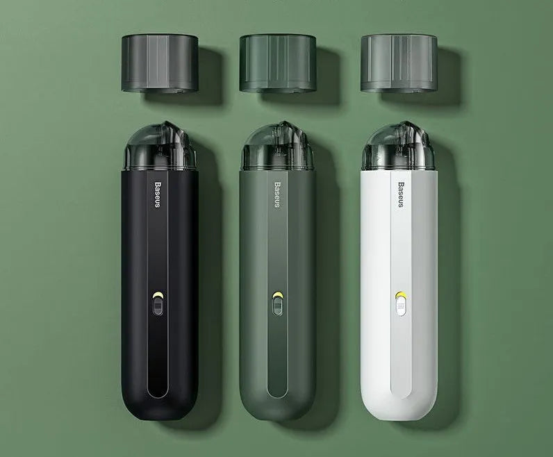 Baseus handheld wireless car vacuum cleaner in black, white, or green with blowing hose attachment