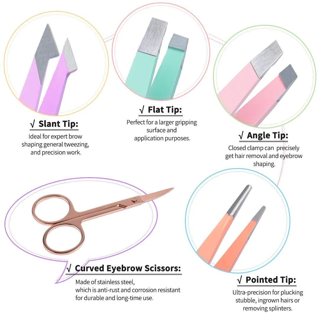 Professional six-piece eyebrow tweezers set with stainless steel tools and leather protective case