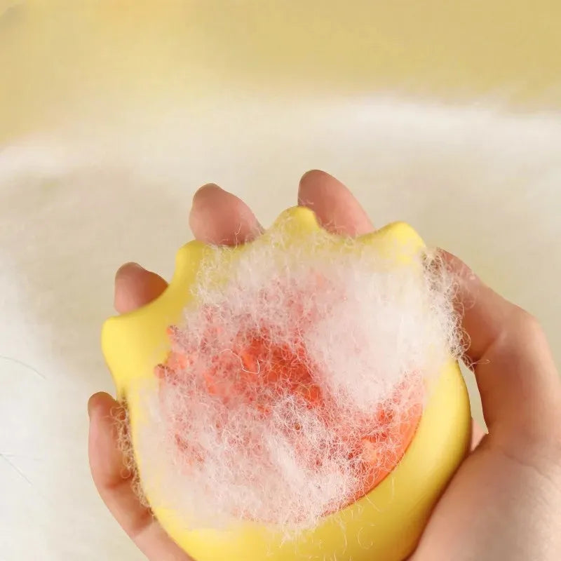 Pet bath brush with shampoo compartment in blue, orange or yellow colours
