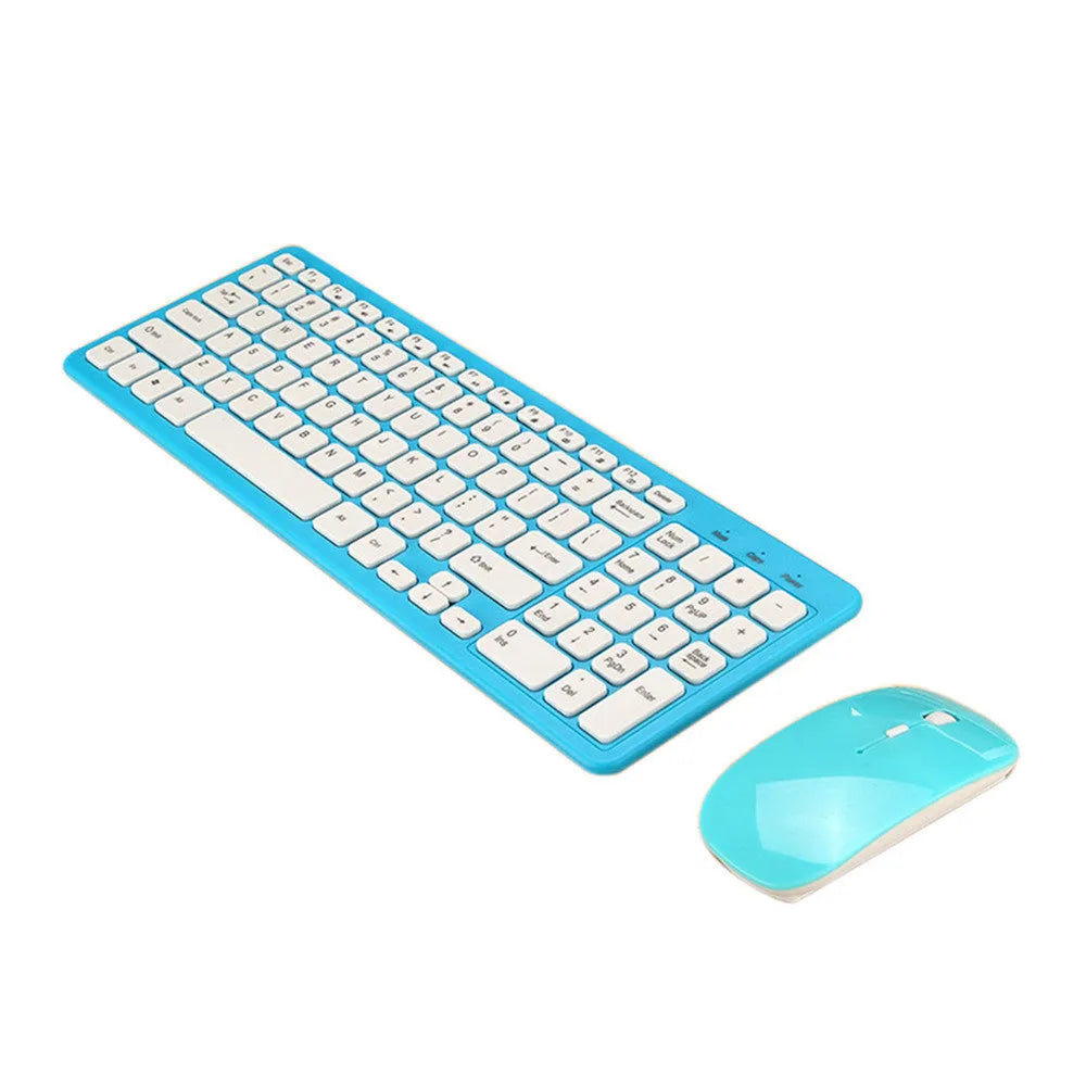 Wireless keyboard and mouse set in multiple colour options showing compact design and USB receiver