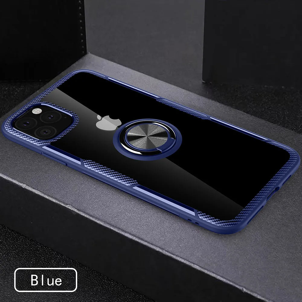 Black iPhone back cover case with a flexible, bendable holder arm extended from the back.