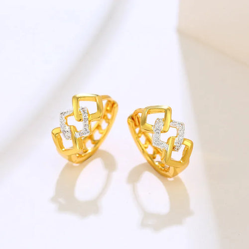 Gold geometric hollow-out clip earrings with colour separation design on alloy metal