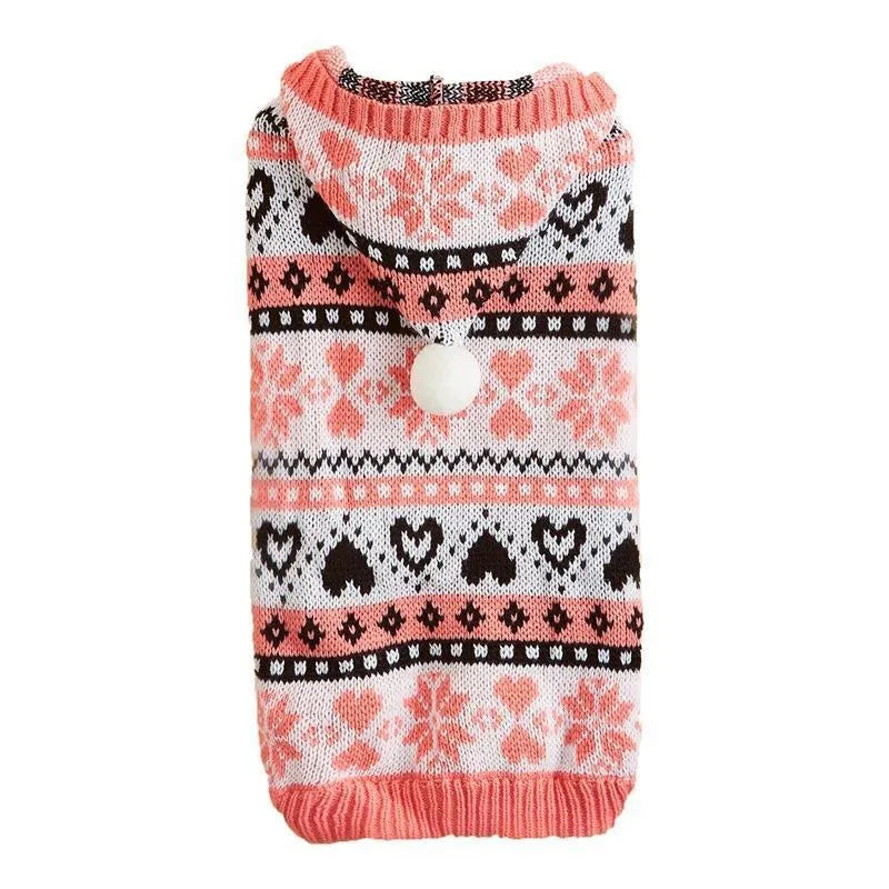 Pink, blue, and grey striped camouflage pattern acrylic knitted dog jumper on a small dog.