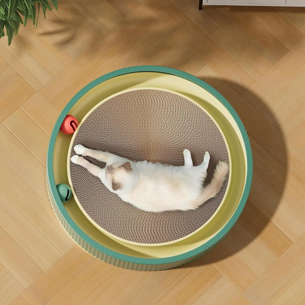 Large green circular cat scratching board with moving ball toys and spring-mounted plush ball