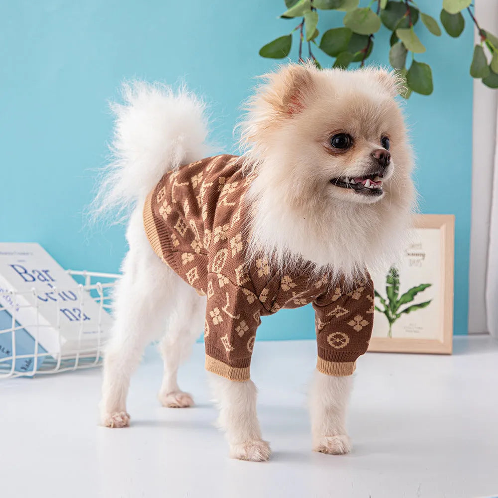 Thick wool dog sweater in monochrome or two-tone colours showing autumn winter pet clothing