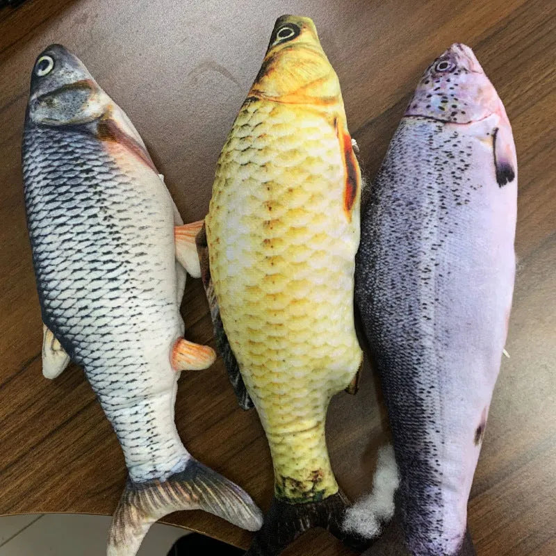 Electric jumping fish simulation cat toy showing multicolor options and USB charging cable.