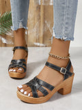 Plus size Roman women's peep toe chunky heel buckle sandals in black on white background