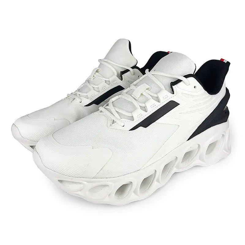A pair of black low-top casual sports shoes with mesh upper and lace-up front.