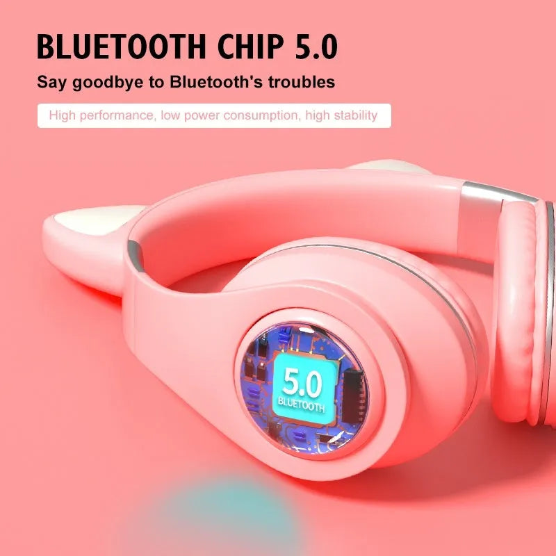 Cat ear wireless sports Bluetooth headphones in multiple colours showing head-mounted design