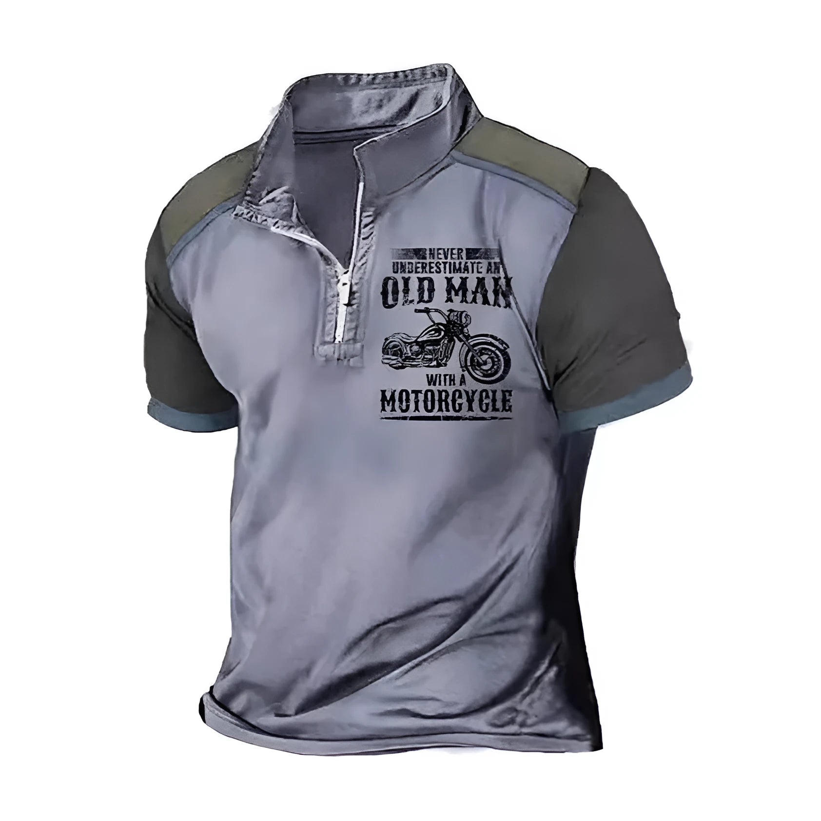 Men's grey casual polo shirt with a lapel collar and large white digital letter print on the front.