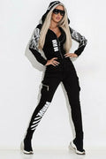 Women's Black wings printed casual suit set with hooded top and trousers