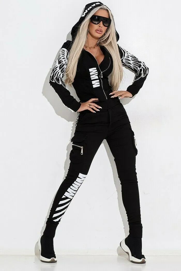 Women's Black wings printed casual suit set with hooded top and trousers