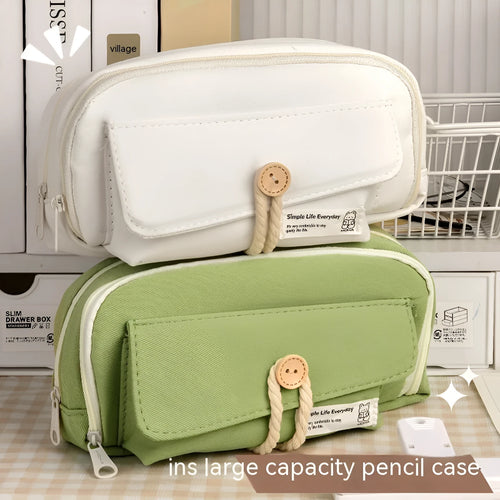 Canvas pencil case in green colour showing large capacity design for student stationery organisation