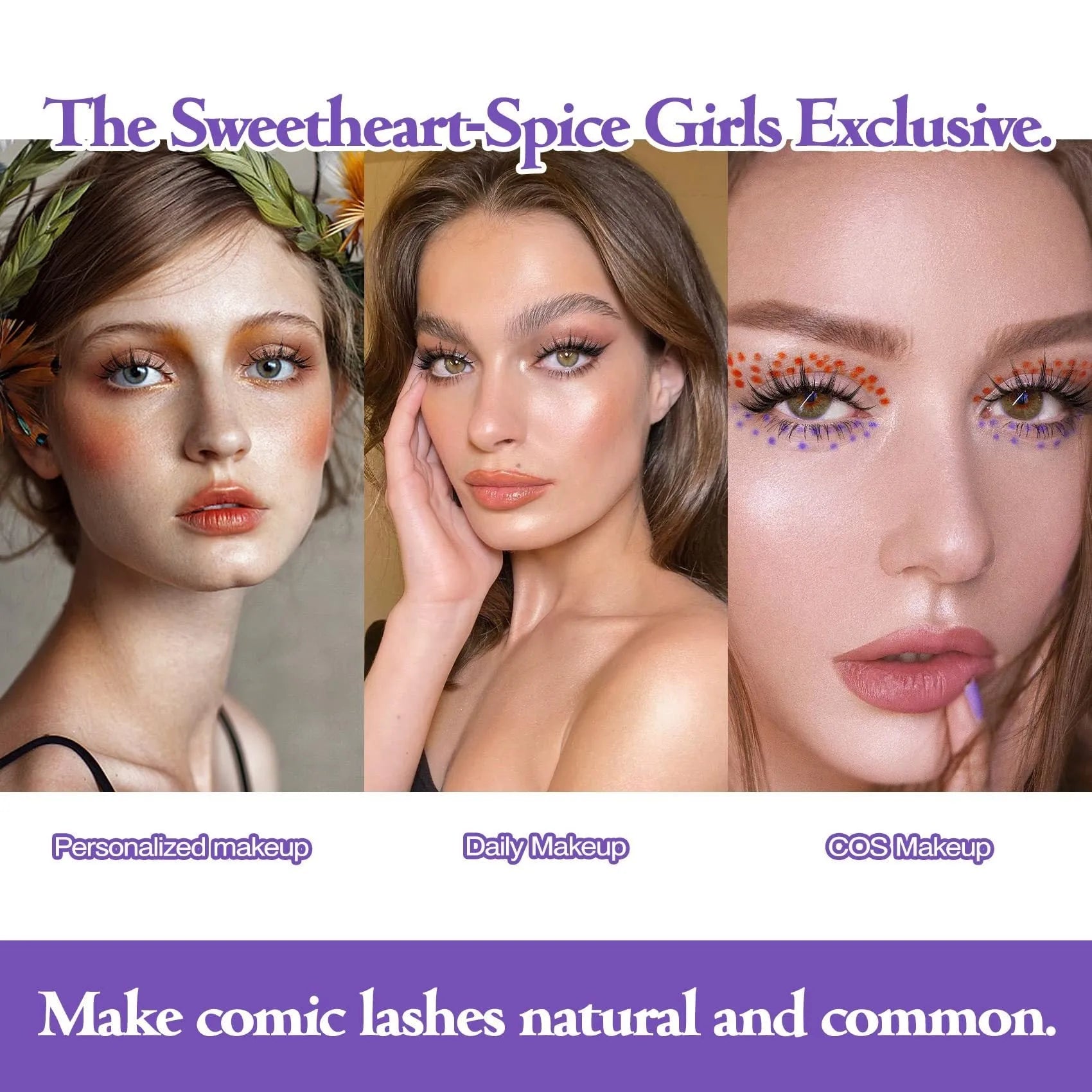 Five pairs of natural wispy false eyelashes on a card for manga anime cosplay and Korean style makeup.