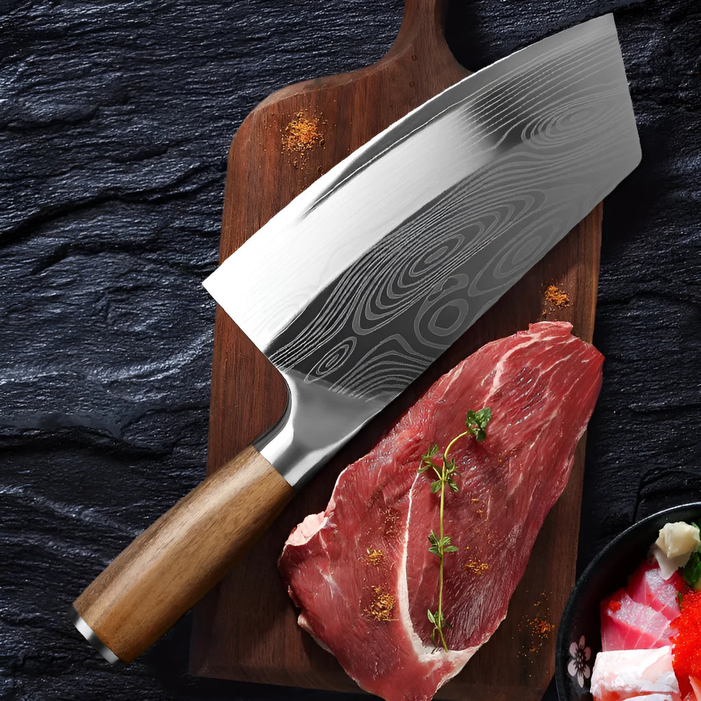 Stainless steel kitchen knife with 40cr13 forged blade measuring 320mm in length.