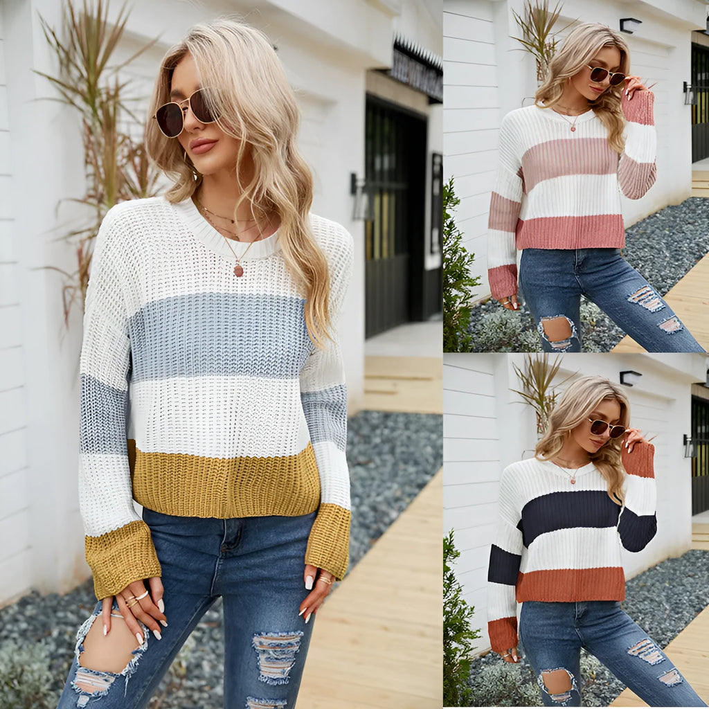 Women's striped acrylic pullover sweater in loose fit with short 40cm length