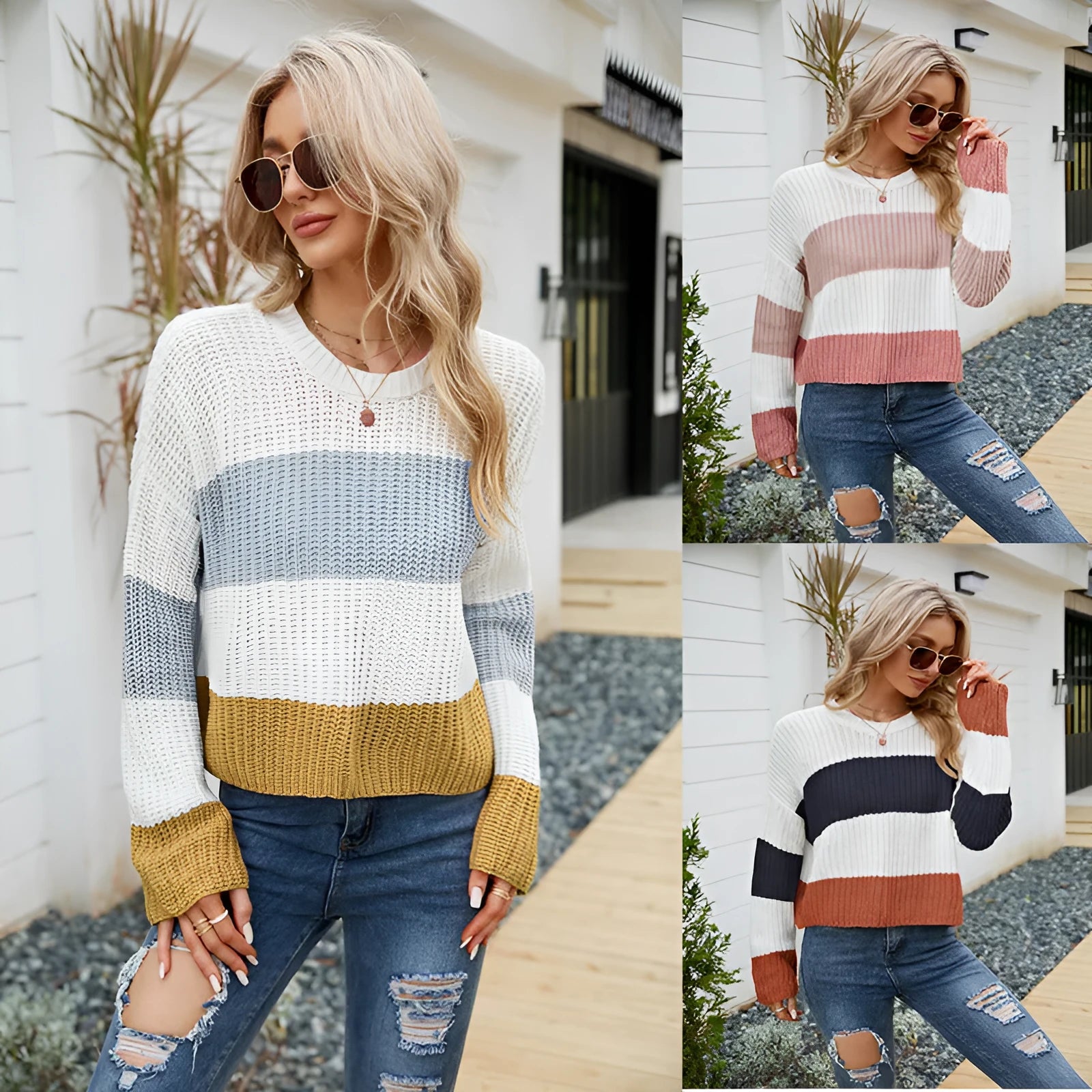 Women's striped acrylic pullover sweater in loose fit with short 40cm length