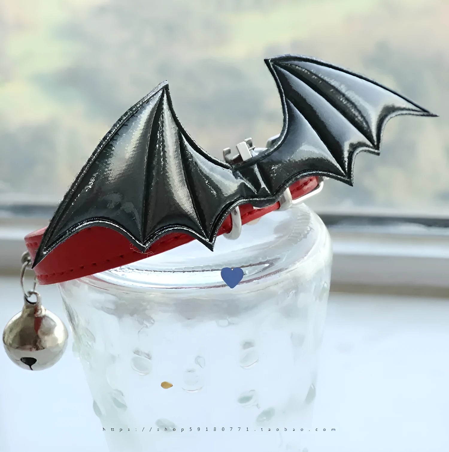 Leather BDSM collar with removable devil wings and bell in patent leather satin