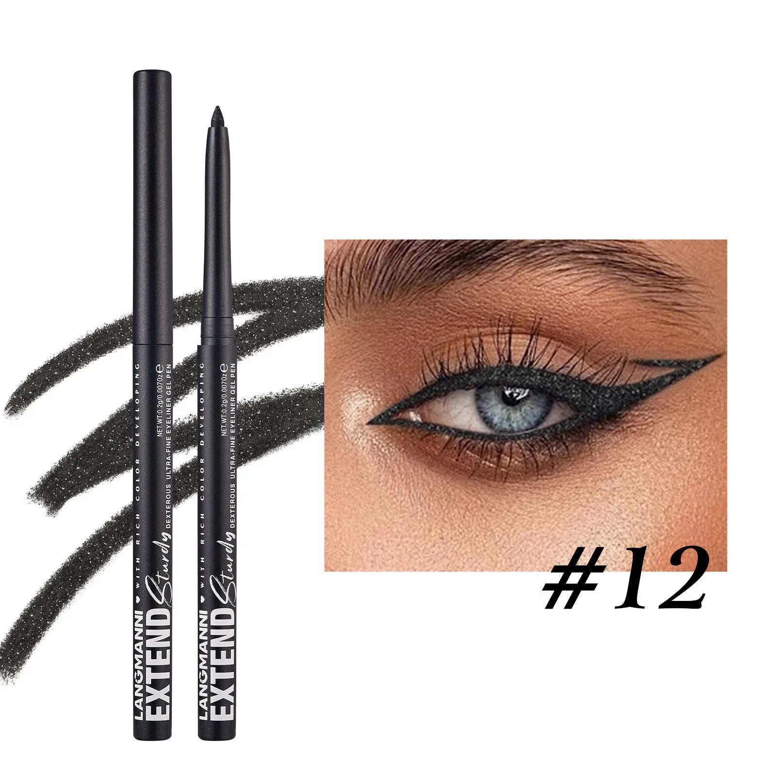 12 colourful gel glitter eyeliner pencils in vibrant shades including matte, glitter, metallic and pearl effects