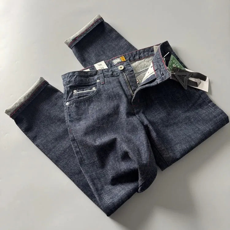 Men's blue straight leg denim jeans with American retro styling and mid waist design