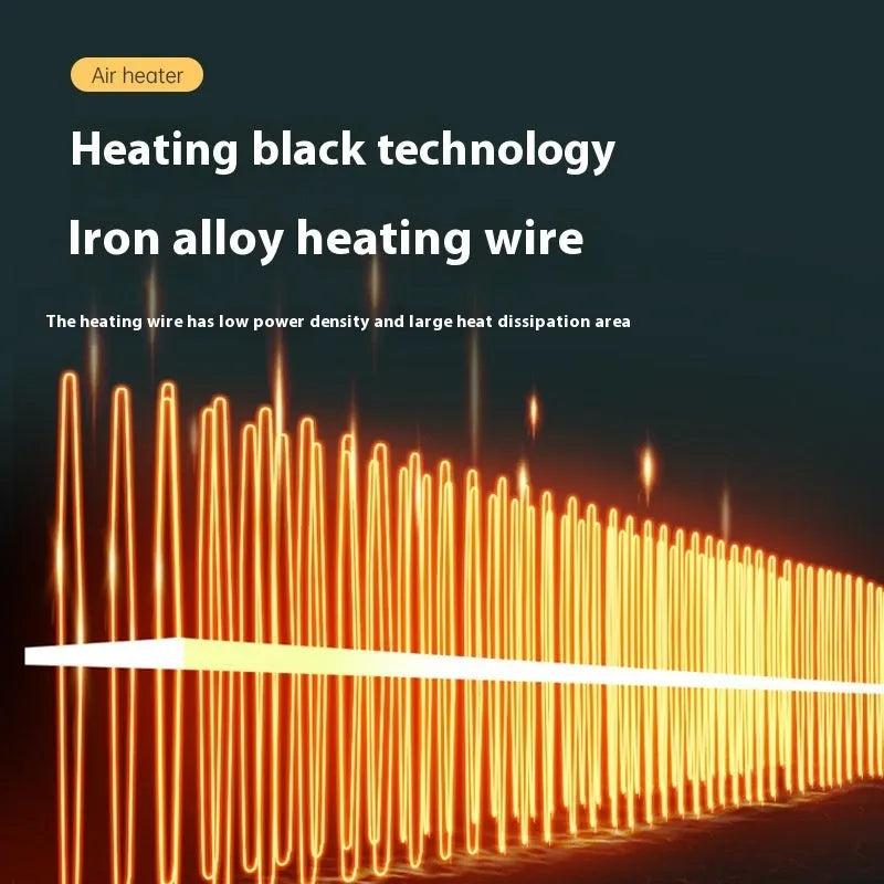 Small white ceramic desktop electric heater with control dial, shown on a wooden desk.