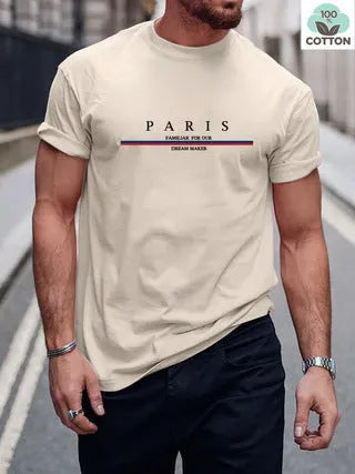 Men's heavy pure cotton short-sleeved t-shirt with letter print in loose fit, shown in apricot colour