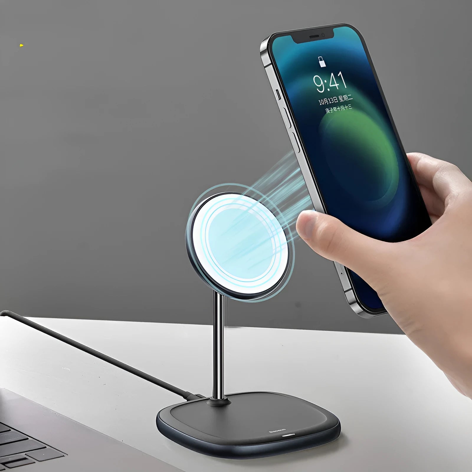 Black Swan magnetic desktop wireless charging stand for Apple iPhone 12 with included Type-C cable.