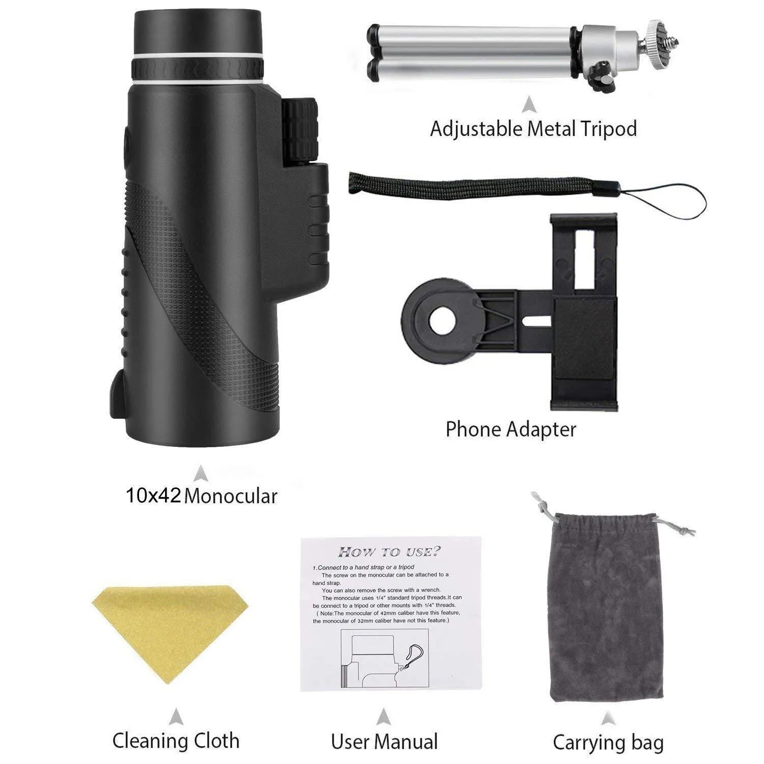 Black HD 40x60 monocular telescope for mobile phones with 40x magnification and waterproof design.