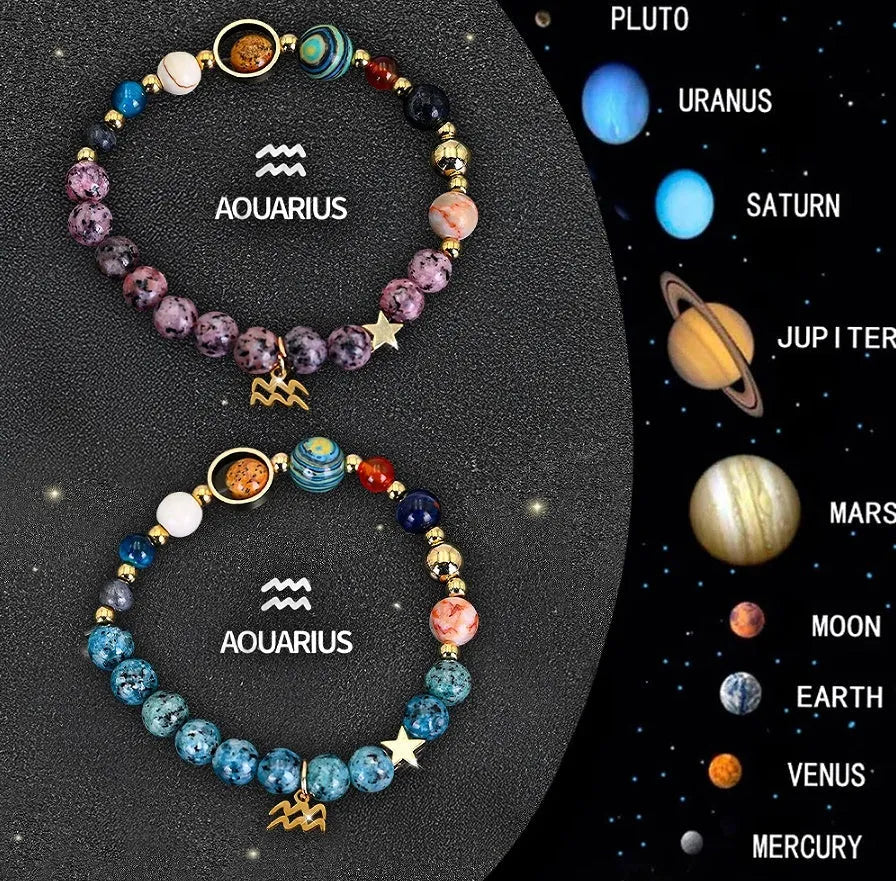 A pair of adjustable natural stone beaded bracelets on a wrist, representing Chinese zodiac signs.