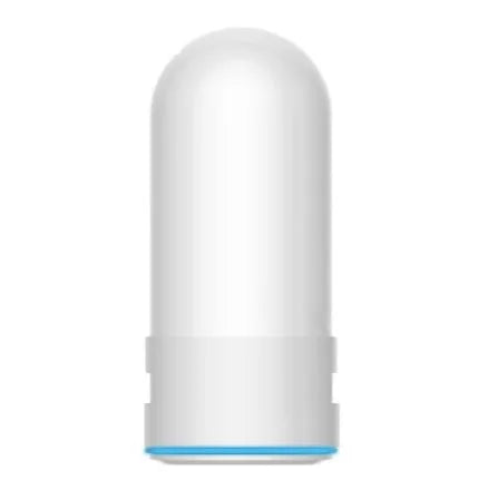 White plastic faucet-mounted water filter with ceramic cartridge and tap adapters
