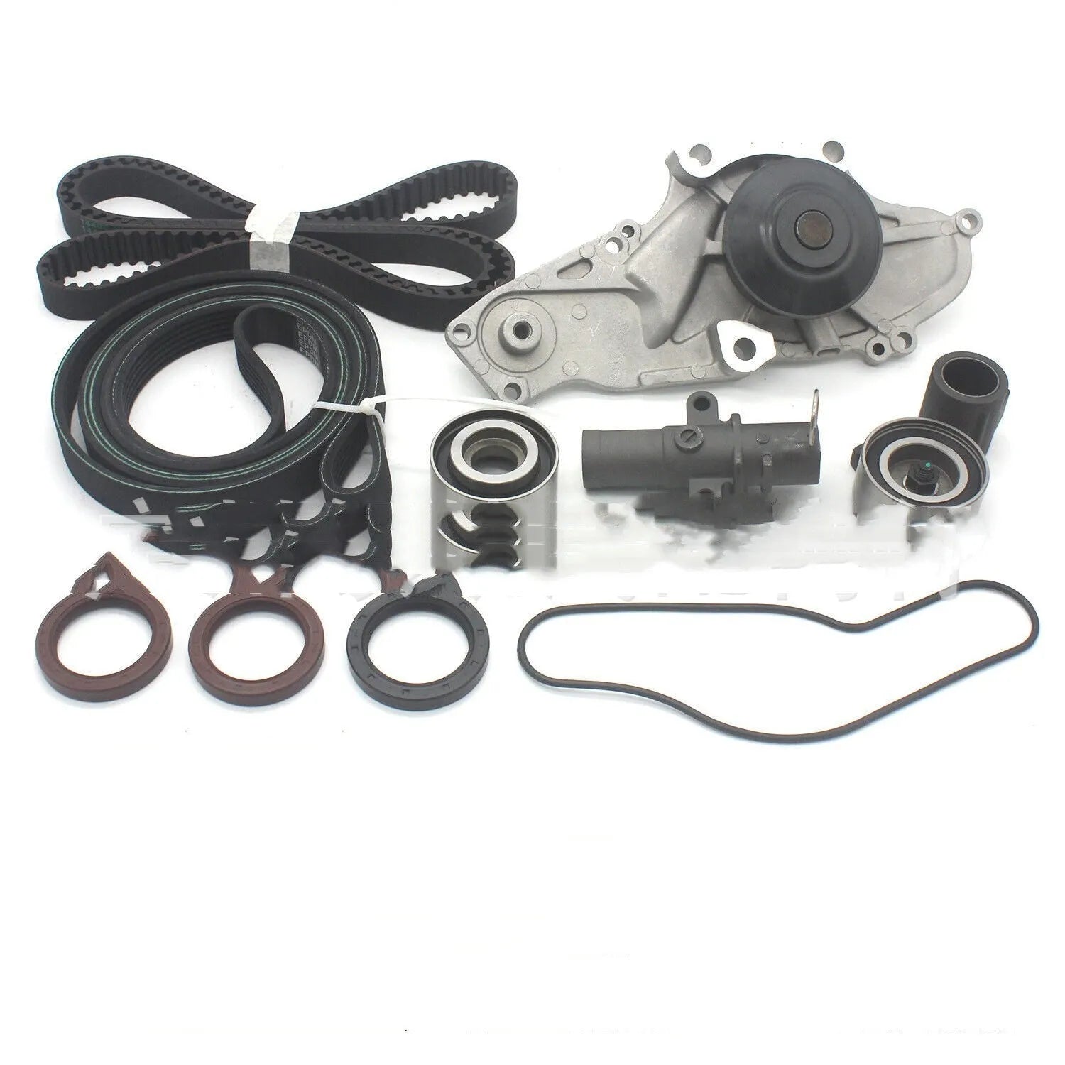 Metal water pump and belt assembly replacement part measuring 28x18x16cm