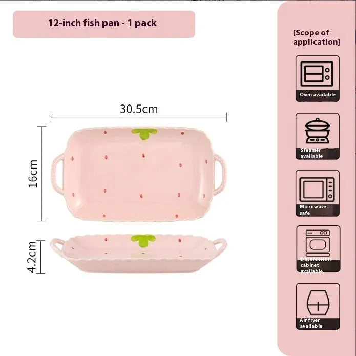 Porcelain dinnerware set with strawberry design showing plates, flower bowls, and twist spoon