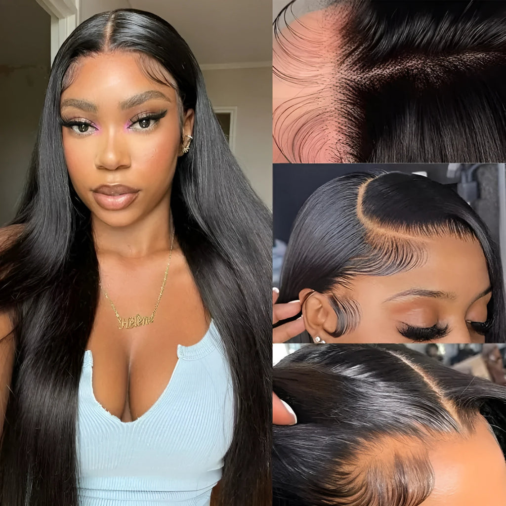 Straight black human hair wig with 13x6 lace front shown at 24 inch length