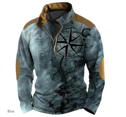 Man wearing a loose-fit long sleeve retro print t-shirt with striped and zipper decorations.