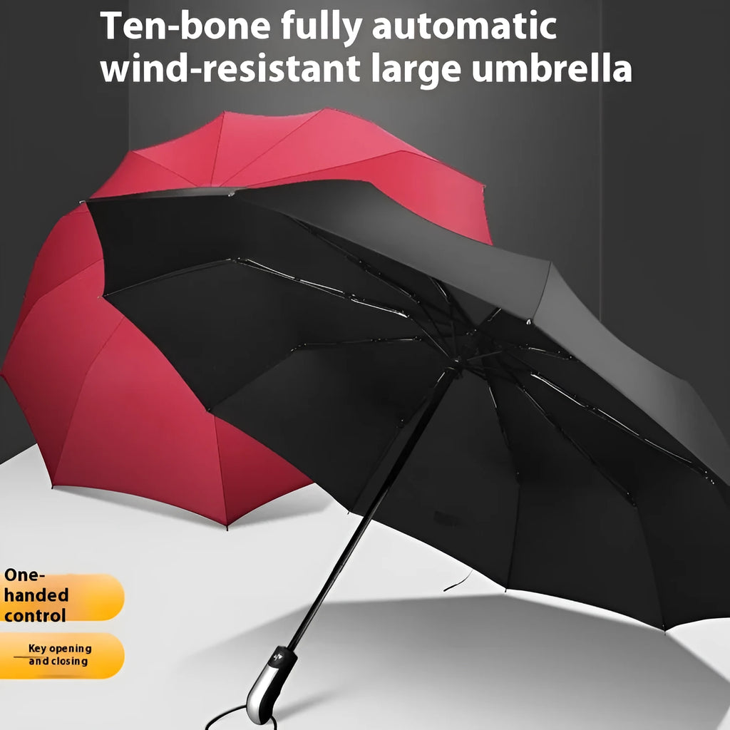 Large black triple folding automatic business umbrella with a steel frame and rubber handle, shown open.