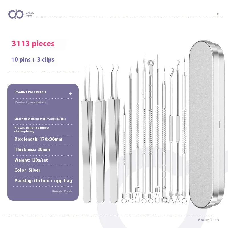 Four silver metal acne needles with pointed tips laid out on a flat surface.